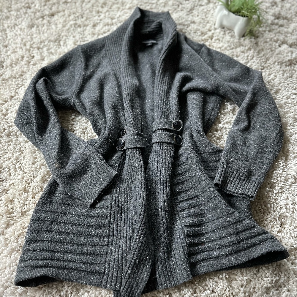 Fortune & Ivy super cute grey long warm cozy button fall winter outfit c…
